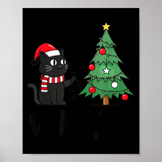 Póster Funny Black Cat Pushing Christmas Tree Over Cat Wh (Frente)