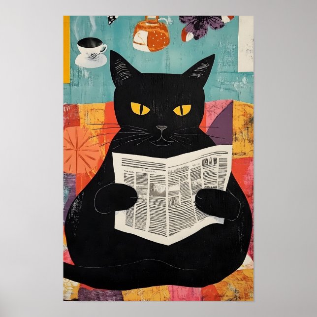 Póster Funny Black cat Reading Newspaper  (Frente)