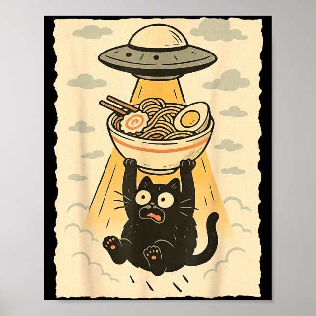 Póster Funny Black Cat Ufo Ramen Alien Abduction Graphic  (Frente)