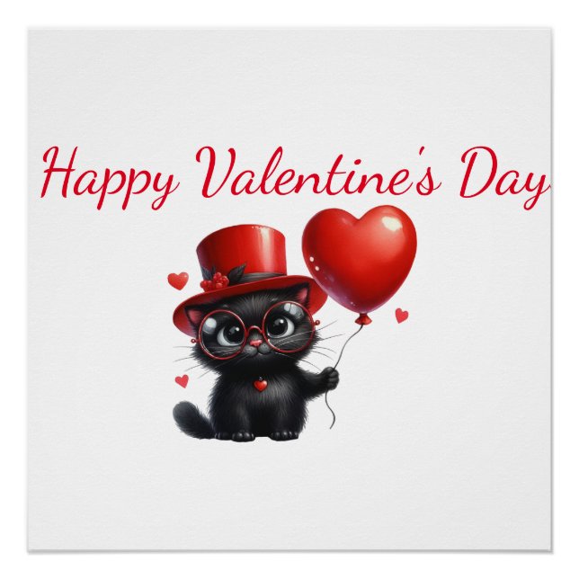 Póster Funny Black Cat With Balloons Valentine's Day (Anverso)