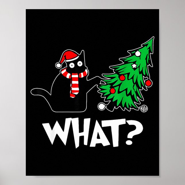Póster Funny Black Cat Xmas Pushing Christmas Tree Over C (Frente)
