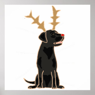 Póster Funny Black Lab con Navidades de renos