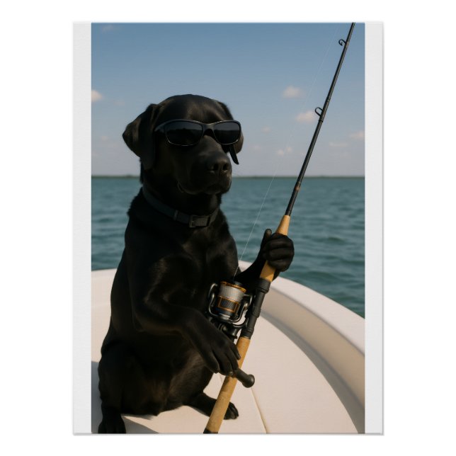 Póster Funny Black Labrador Dog Fishing  (Anverso)