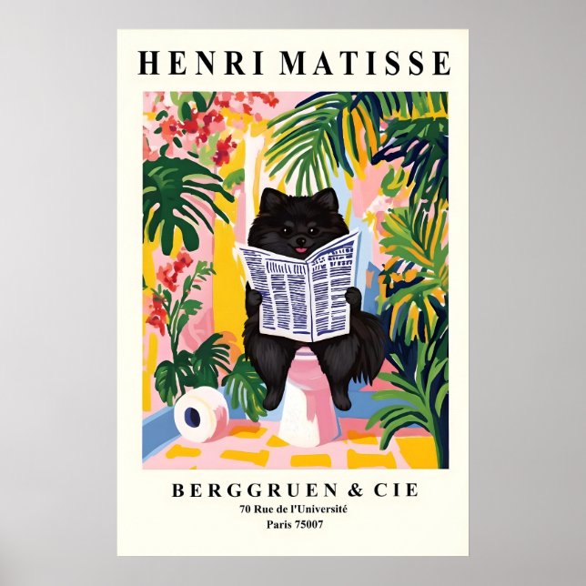 Póster Funny Black Pomeranian Print - Dog on toilet (Frente)