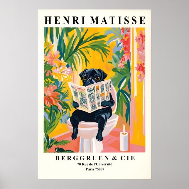 Póster Funny Black Pug Bathroom Print Matisse Style (Frente)