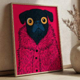 Póster Funny Black Pug in Pink Fur Animal Fashion Art