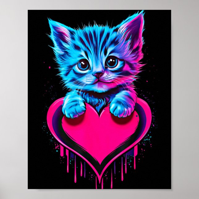 Póster Funny Blacklight Glitch Art Cute Cat Kitten Valent (Frente)