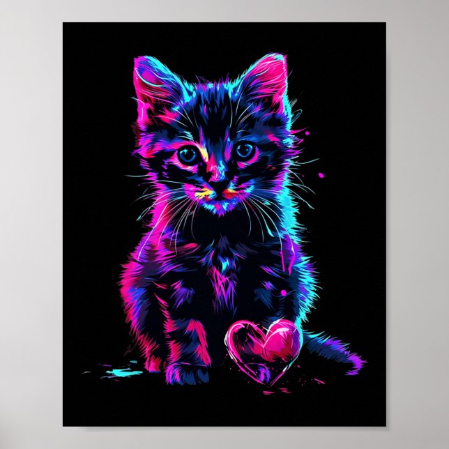 Póster Funny Blacklight Glitch Art Cute Cat Kitten Valent (Frente)
