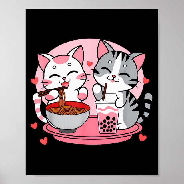 Póster Funny Boba Ramen Cats Kawaii Anime Japan Cute Neko (Frente)