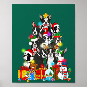 Póster Funny Boston Terrier Christmas Tree Lights Puppy
