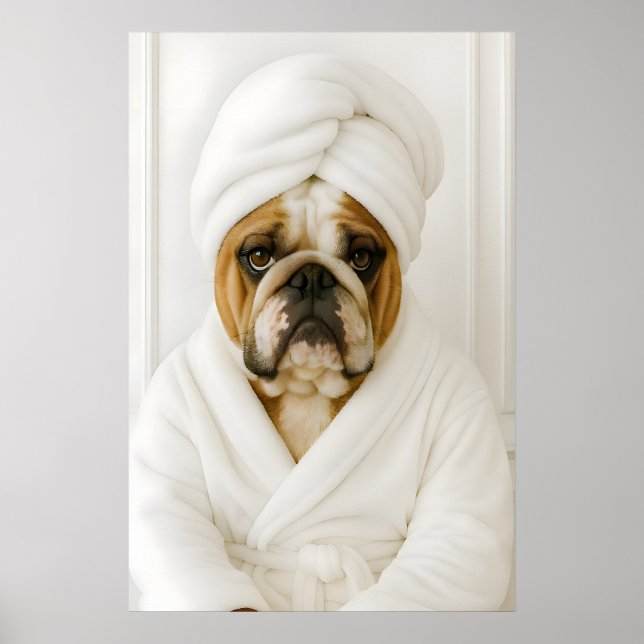 Póster Funny Bulldog Bathroom Print, Bulldog In Bathrobe (Frente)