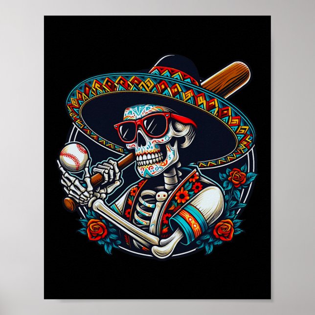 Póster Funny Bysebyll Skeleton Mexico Sombrero Guay Cinc (Frente)