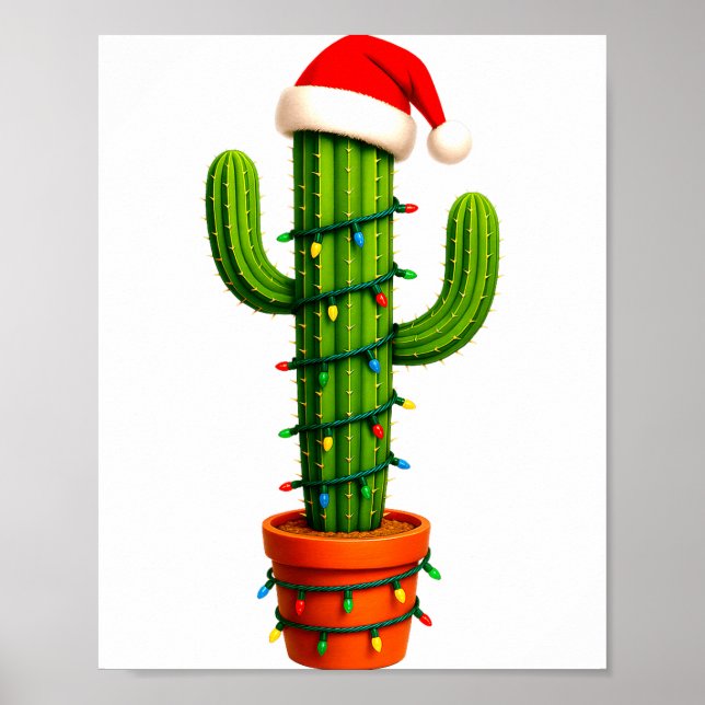 Póster Funny Cactus Santa Hat Xmas Tree Lights Merry Chri (Frente)