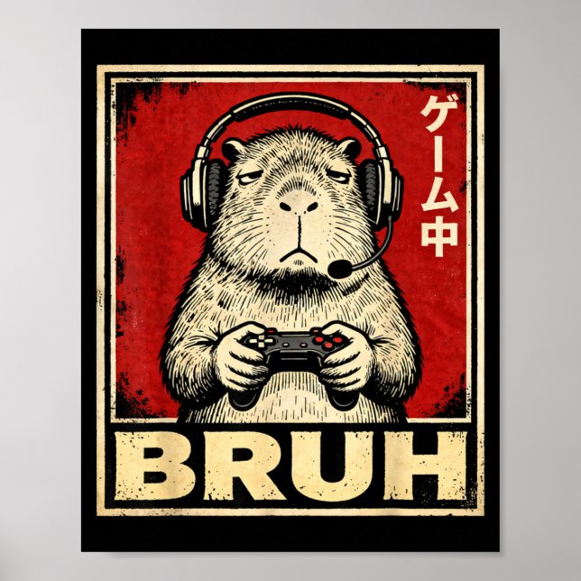 Póster Funny Capybara Gamer Bruh Graphic Tee Men Boys Tee (Frente)