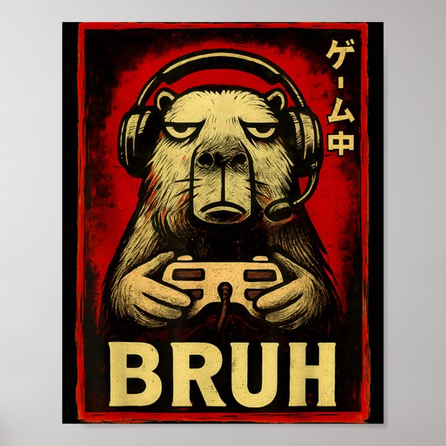 Póster Funny Capybara Gamer Bruh Graphic Tee Men Boys Tee (Frente)