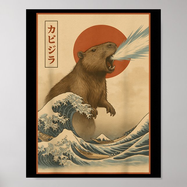 Póster Funny Capybara Ola japonesa Capyzilla Niños Chicas (Frente)