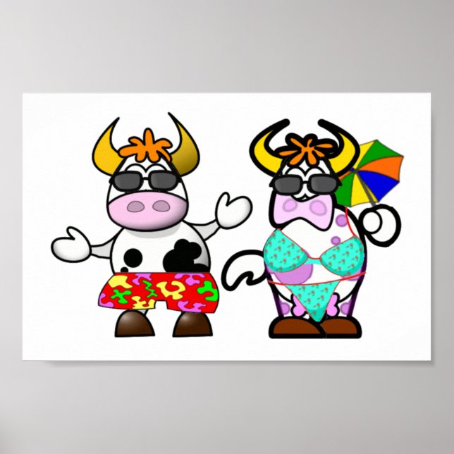 Póster Funny Cartoon Beach Cow Couple Poster (Frente)