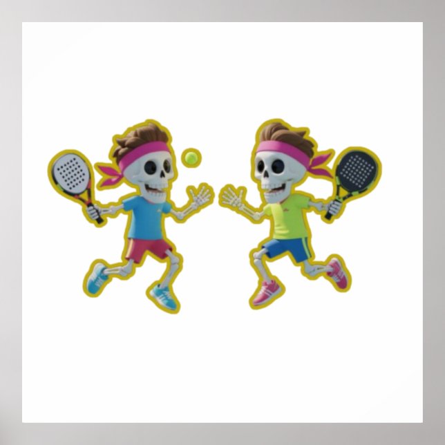 Póster Funny Cartoon Skeletons Playing Padel Tennis – 3D  (Frente)