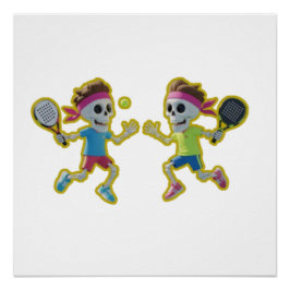 Póster Funny Cartoon Skeletons Playing Padel Tennis – 3D 