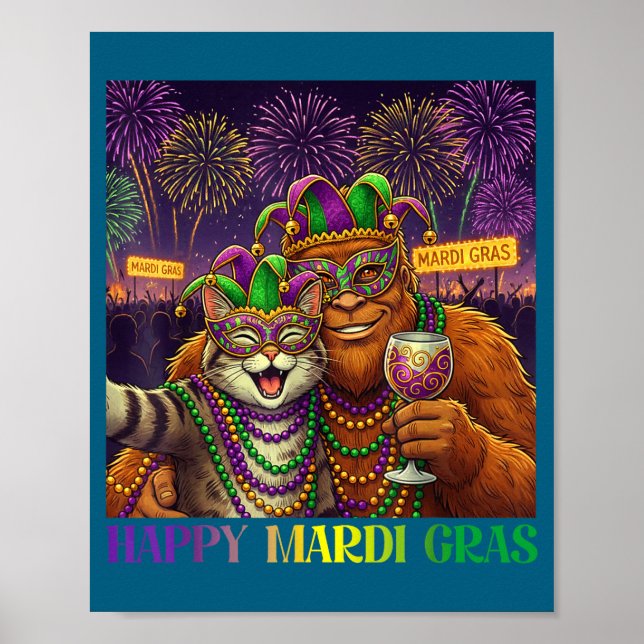 Póster Funny Cat Bigfoot Selfie Mardi Gras Carnival Party (Frente)