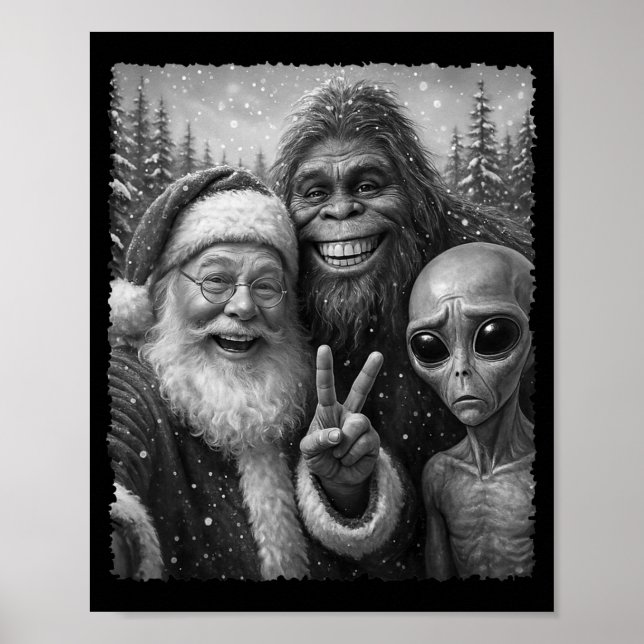 Póster Funny Cat Christmas Bigfoot Alien Santa Snow Selfi (Frente)