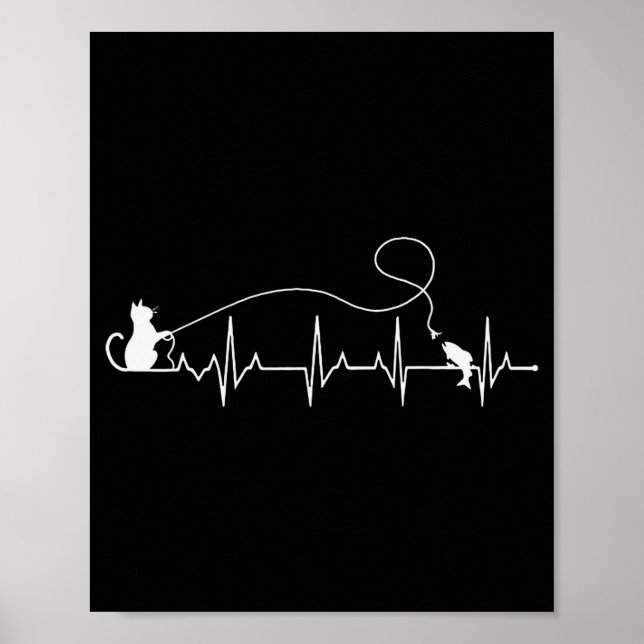 Póster Funny Cat Fly Fishing Fisherman Heartbeat Line Hea (Frente)