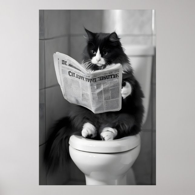 Póster Funny Cat Newspaper Print, Whimsical Bathroom Wall (Frente)