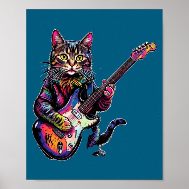 Póster Funny Cat Playing Guitar Rock And Roll Men Women K (Frente)