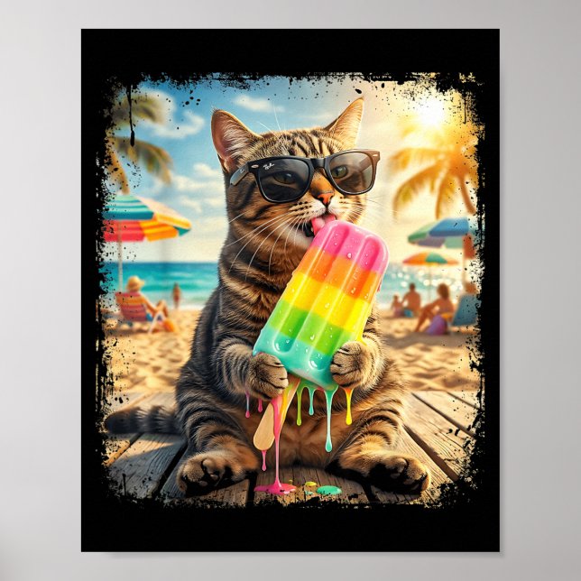 Póster Funny Cat Popsicle Summer Animal Sunglasses Meme (Frente)