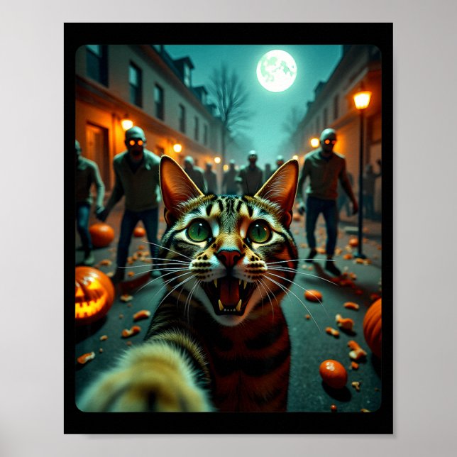 Póster Funny Cat Selfie Halloween Zombies Humor  (Frente)