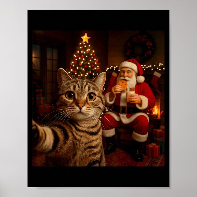 Póster Funny Cat Selfie Santa Claus Eating Cookies Christ (Frente)