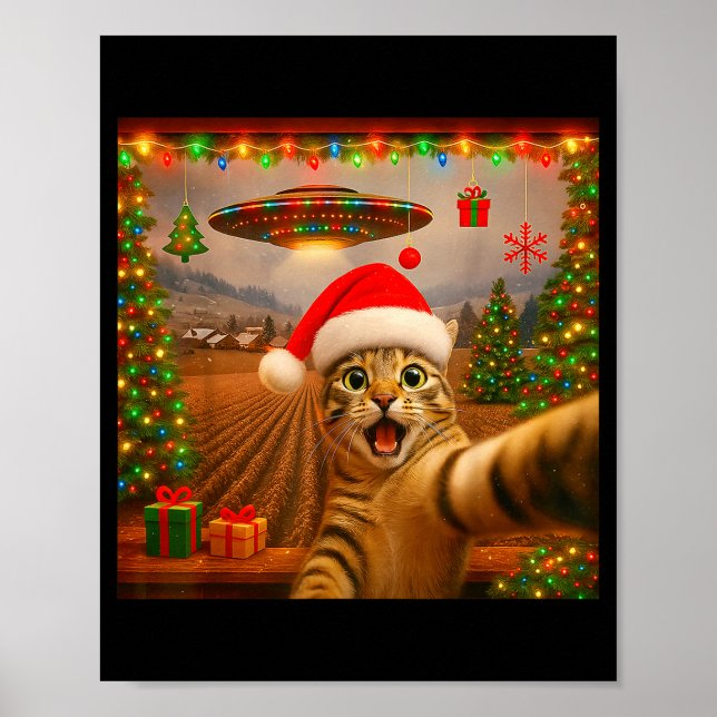 Póster Funny Cat Selfie With Alien Ufo Christmas Lights S (Frente)