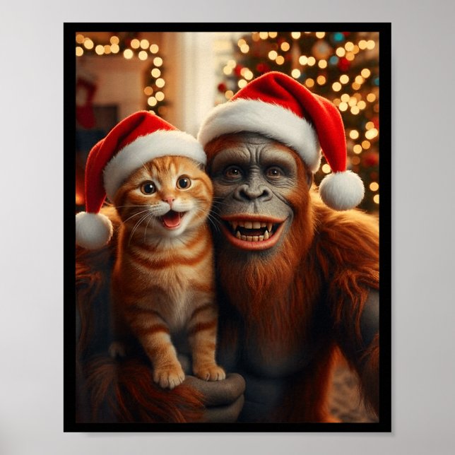 Póster Funny Cat Selfie With Bigfoot Christmas Sasquatch  (Frente)