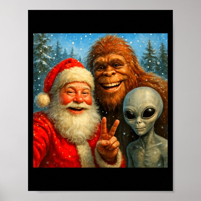 Póster Funny Cat Selfie With Santa Claus &amp; Bigfoot Me (Frente)