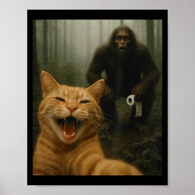 Póster Funny Cat Surprised Happy Selfie With Bigfoot Sasq (Frente)