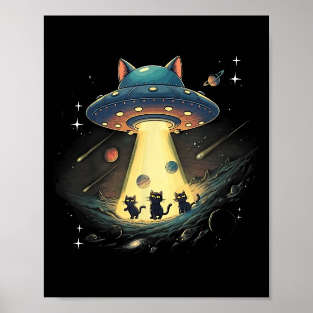 Póster Funny Cat Ufo Cute Kitty Space Spaceship Alien Aes (Frente)