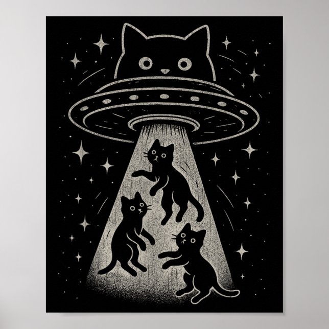 Póster Funny Cat Ufo Cute Kitty Space Spaceship Alien Aes (Frente)