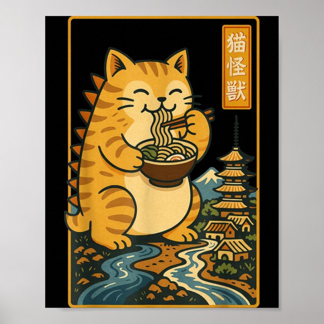 Póster Funny Catzilla Anime Ramen Japanese Cat Men Women  (Frente)