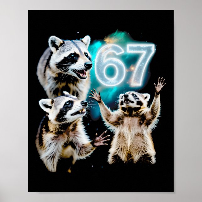 Póster Funny Chaotic Raccoon Howling At 67 Cosmic Six Sev (Frente)