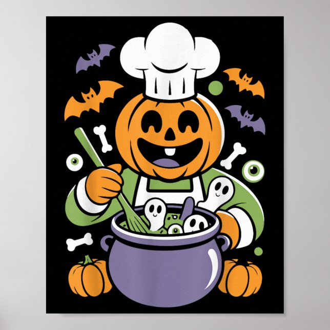 Póster Funny Chef de Calabaza Cocinando Halloween Cauldro (Frente)