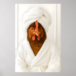 Póster Funny Chicken Bathroom Print, Chicken In Bathrobe