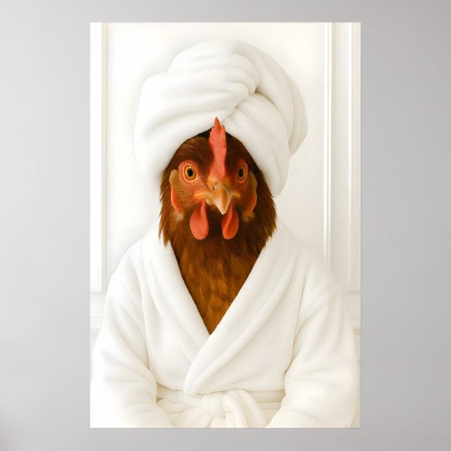 Póster Funny Chicken Bathroom Print, Chicken In Bathrobe (Frente)