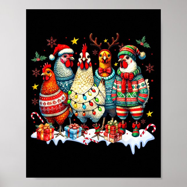 Póster Funny Chicken Christmas Lights Farm Animal Cute Xm (Frente)