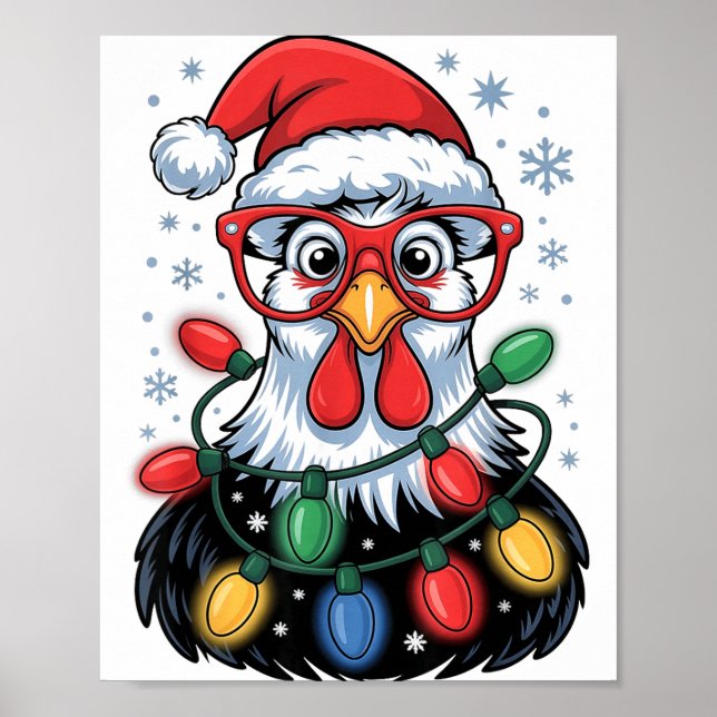 Póster Funny Chicken Christmas Tree Lights Santa Hat Xmas (Frente)
