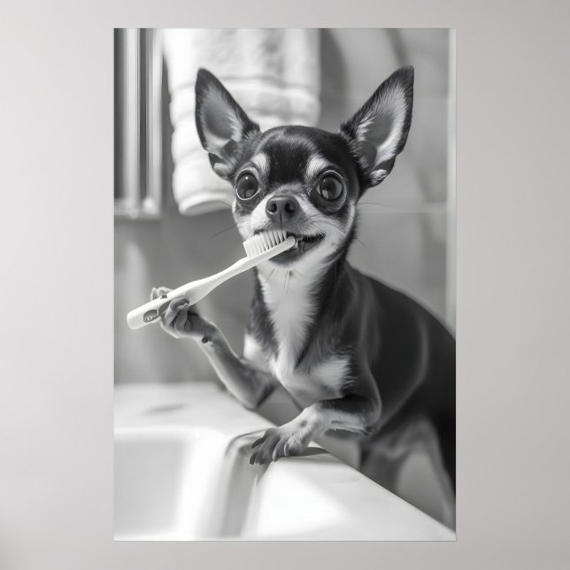 Póster Funny Chihuahua Bathroom Art Print, Brushing Teeth (Frente)
