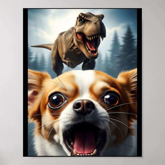 Póster Funny Chihuahua Dog Selfie With T-rex Women Men Ki (Frente)