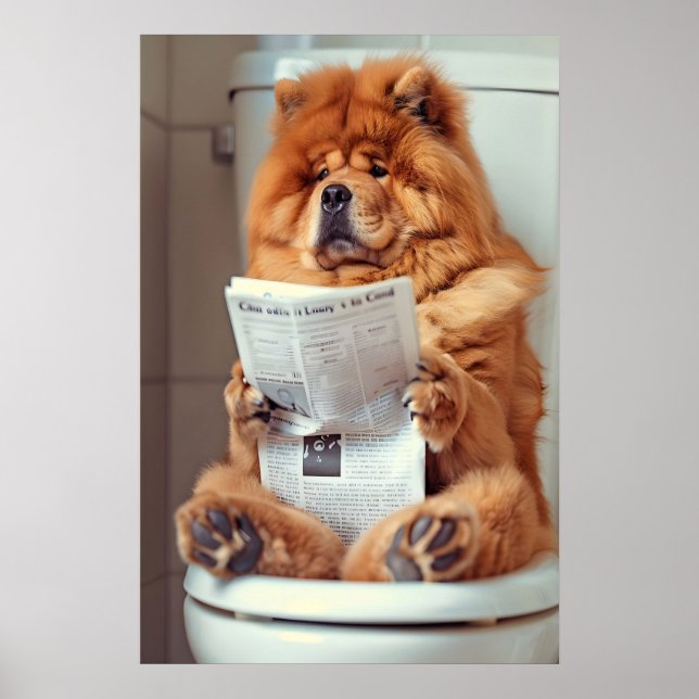 Póster Funny Chow Chow Bathroom Print, Dog Reading (Frente)