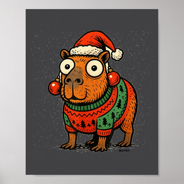 Póster Funny Christmas Capybara With Santa Hat &amp; Swea (Frente)