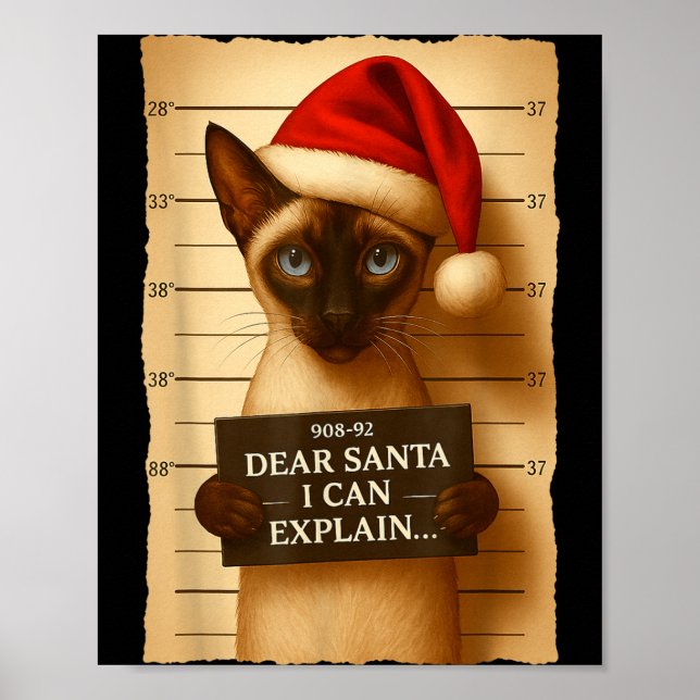 Póster Funny Christmas Cat- Cute Siamese Santa Hat Tee  (Frente)