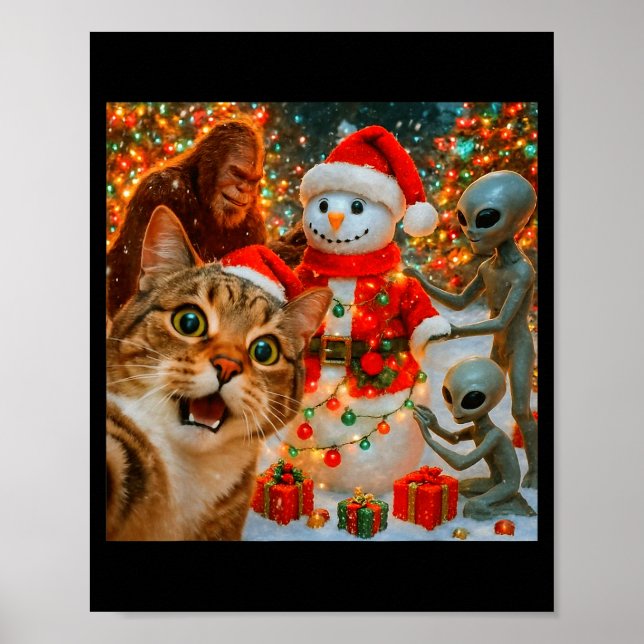 Póster Funny Christmas Cat Selfie With Bigfoot Alien &amp (Frente)
